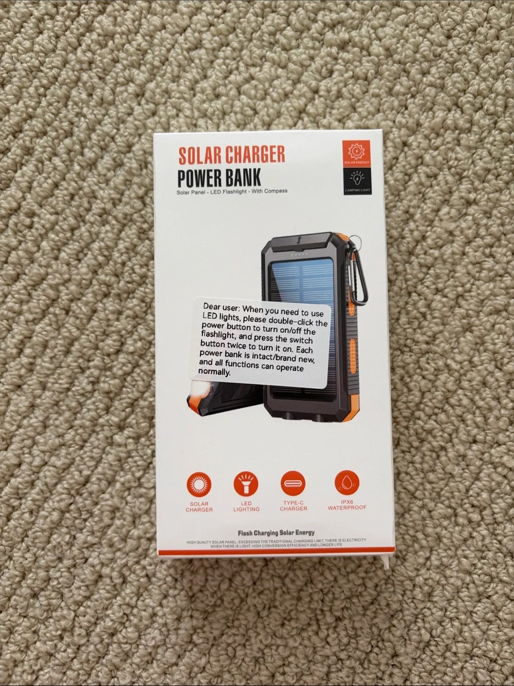 NEW Solar Charger Power Bank with LED Flashlight - Black & Orange